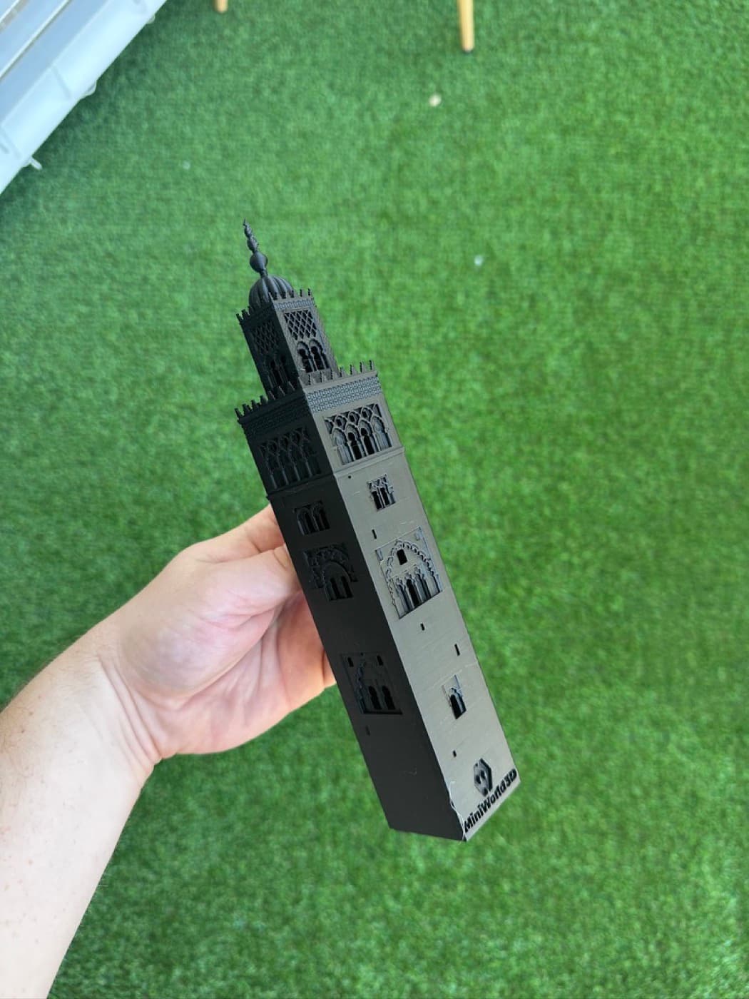 A bell tower model printed in black PLA